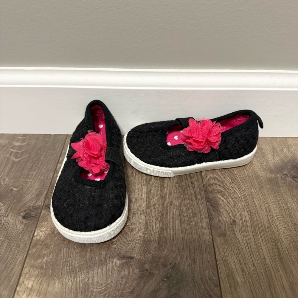 Garanimals Black Slip-On Sneakers with Pink Floral Accent